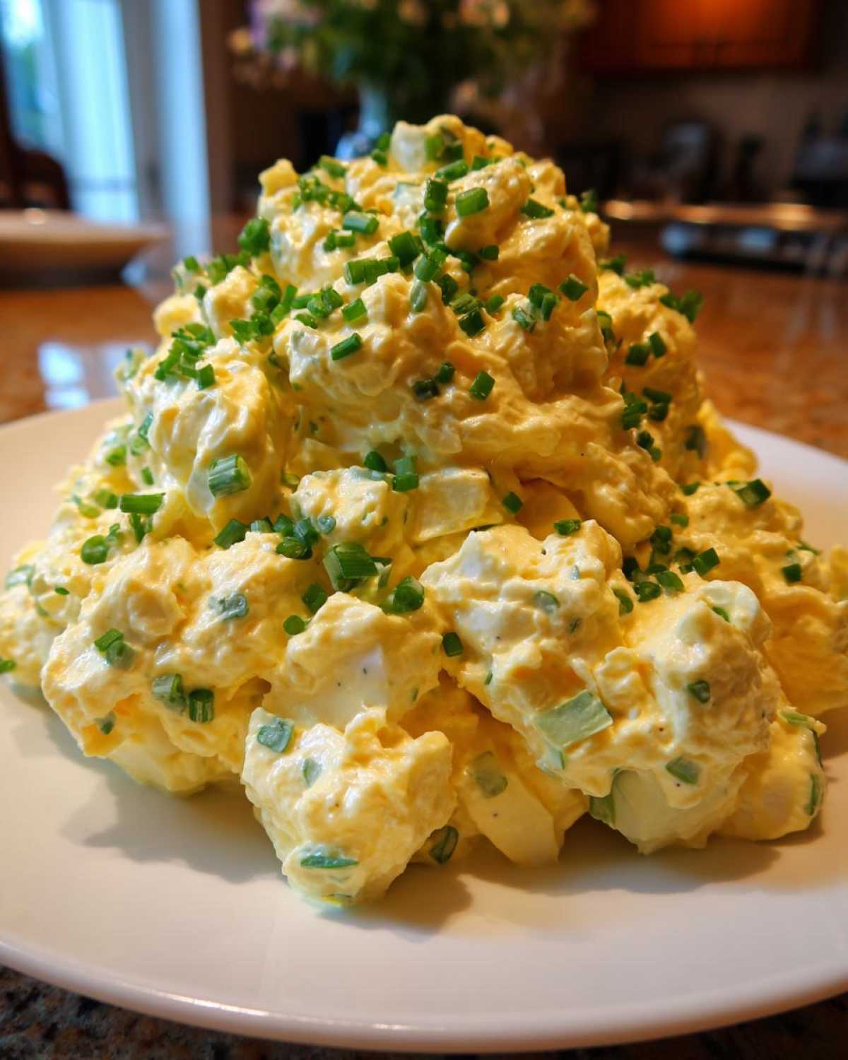 A generous mound of creamy, yellow egg salad recipe topped with freshly chopped green chives on a white plate.