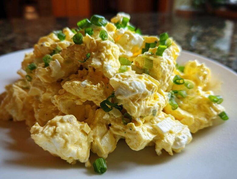 Close-up of a mound of creamy egg salad recipe garnished generously with chopped green onions on a white plate.