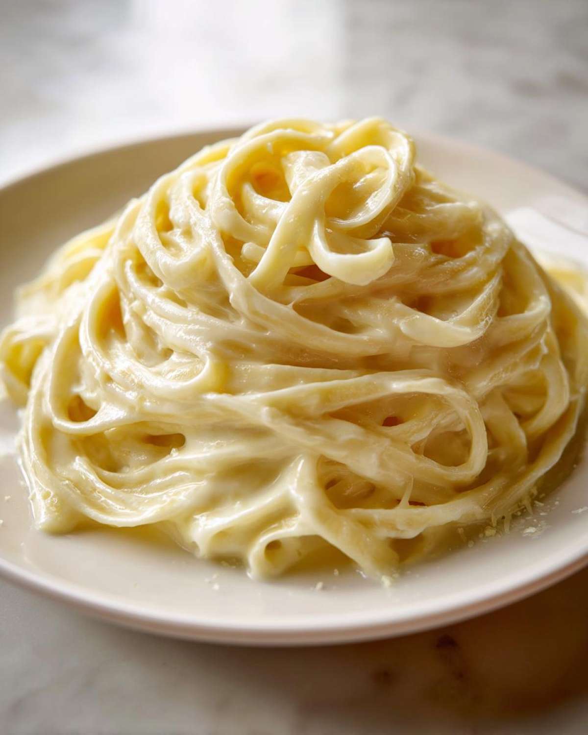 Close-up of fettuccine pasta generously coated in rich, creamy homemade alfredo sauce on a white plate.