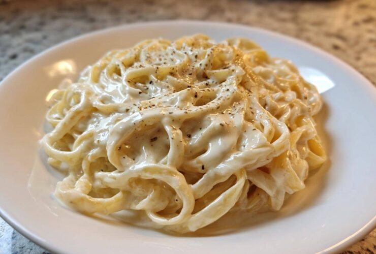 Close-up of fettuccine pasta generously coated in creamy homemade alfredo sauce and topped with black pepper.