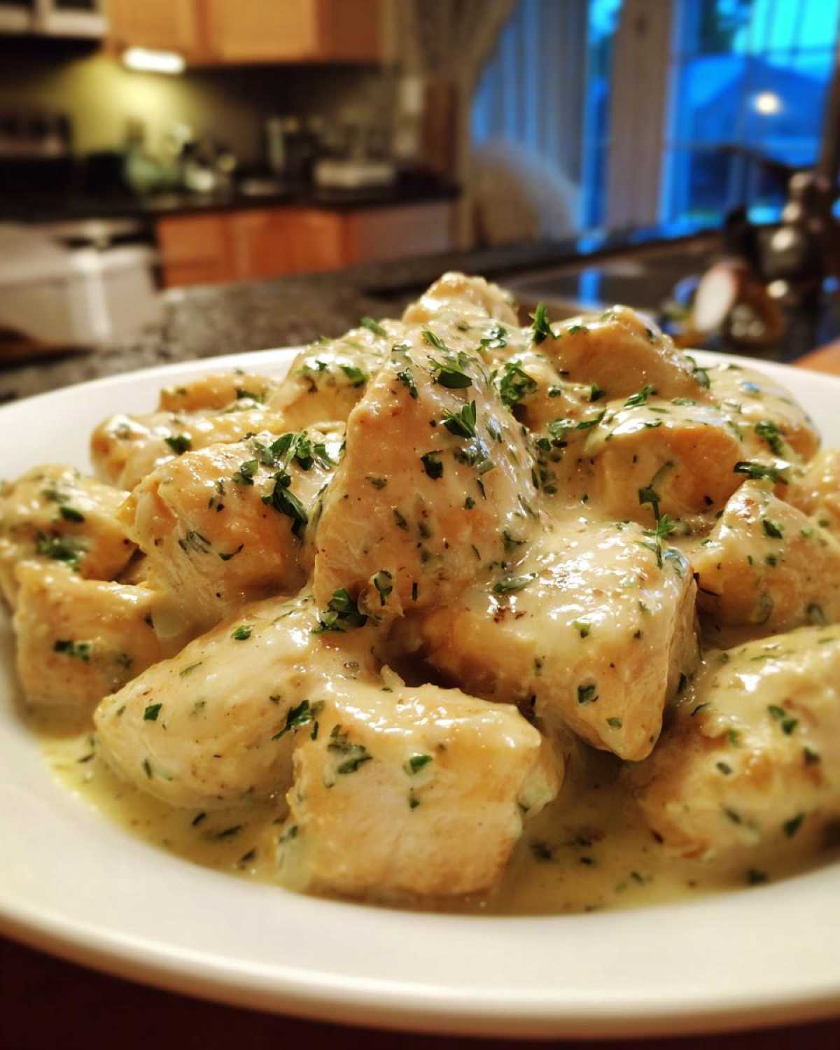 Close-up of bite-sized pieces of creamy lemon chicken covered in a rich, pale yellow sauce and garnished with fresh parsley.
