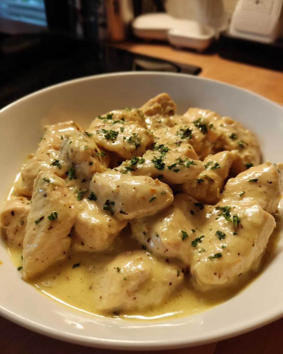 Close-up of tender chicken pieces coated in a rich, creamy lemon sauce and garnished with parsley, representing creamy lemon chicken.