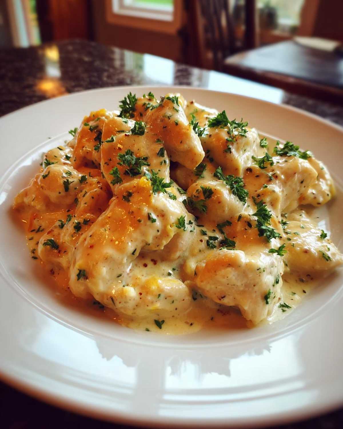 Close-up of tender pieces of creamy lemon chicken smothered in a rich white sauce and topped with fresh parsley.