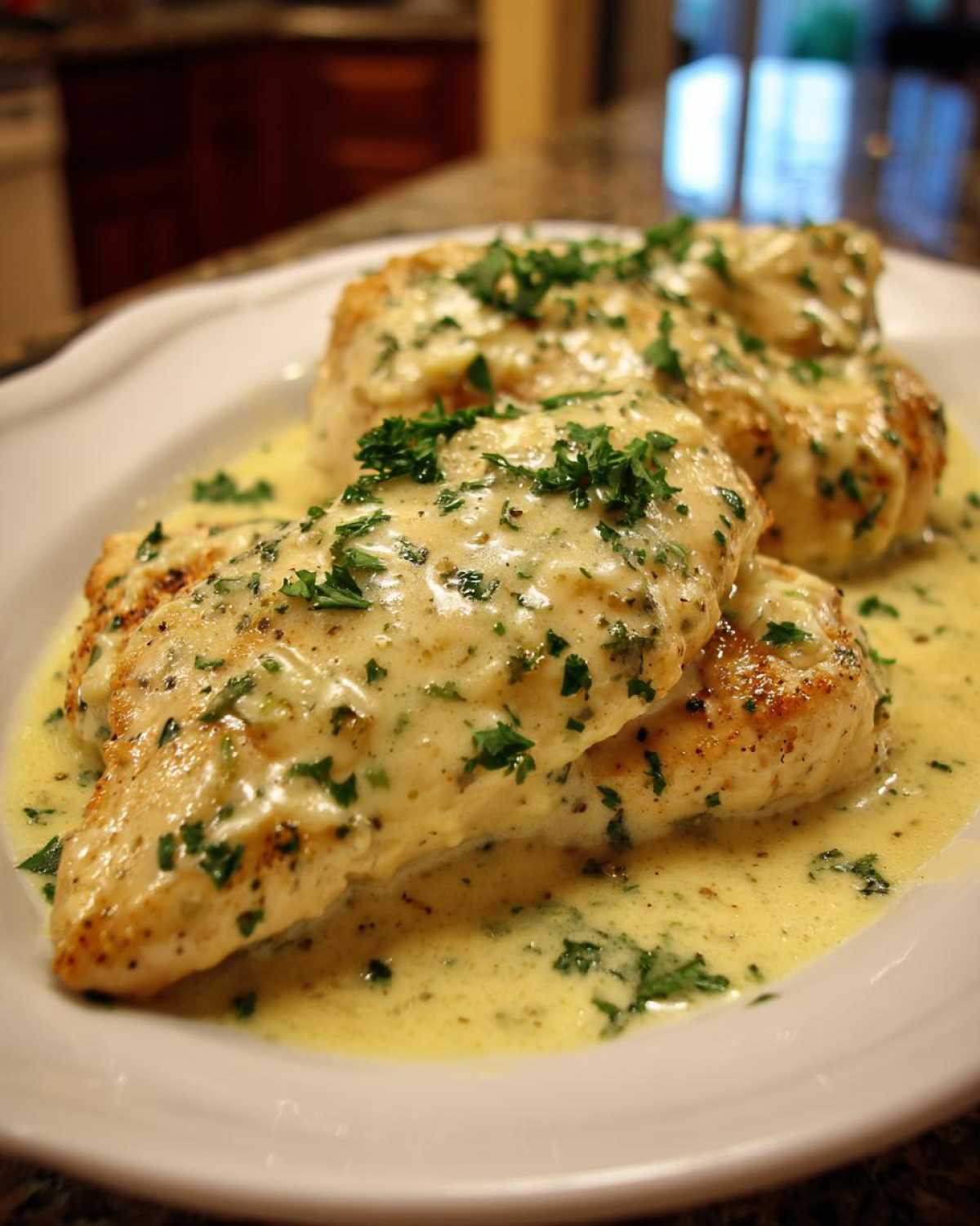 Close-up of pan-seared chicken breasts smothered in a rich, creamy lemon sauce and topped with fresh parsley.