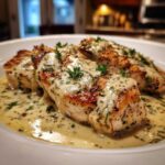 Three pan-seared chicken breasts covered in a rich, creamy lemon chicken sauce and garnished with parsley.