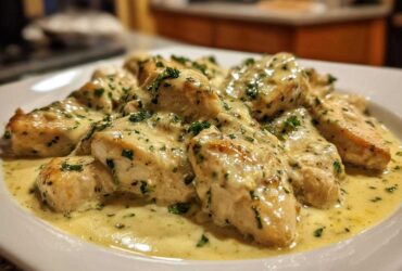 Close-up of pan-seared chicken pieces smothered in a rich, creamy lemon sauce and garnished with fresh parsley.