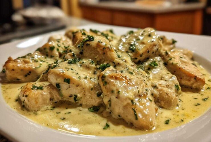 Close-up of pan-seared chicken pieces smothered in a rich, creamy lemon sauce and garnished with fresh parsley.
