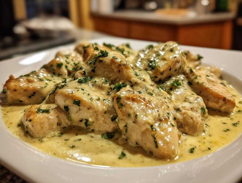 Close-up of pan-seared chicken pieces smothered in a rich, creamy lemon sauce and garnished with fresh parsley.