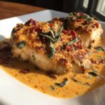 Close-up of seared Marry Me Chicken breasts smothered in a creamy, orange-hued sauce with sun-dried tomatoes and fresh basil.