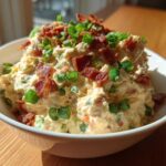 A bowl of creamy, savory million dollar dip generously topped with crumbled bacon pieces and fresh green onions.