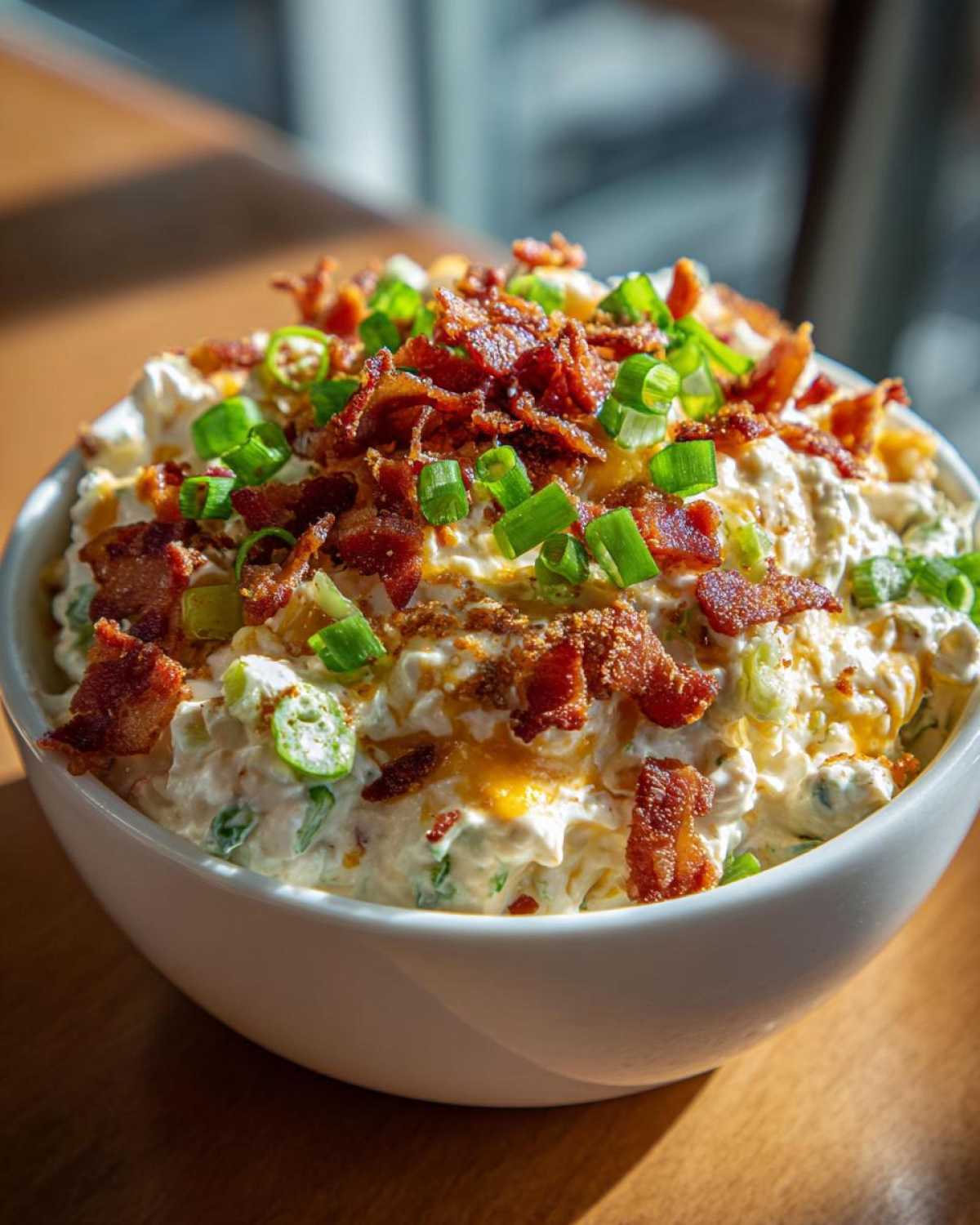 A close-up of rich, creamy Million Dollar Dip topped generously with crumbled bacon and fresh green onions.