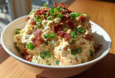 A bowl of creamy, savory million dollar dip generously topped with crumbled bacon pieces and fresh green onions.