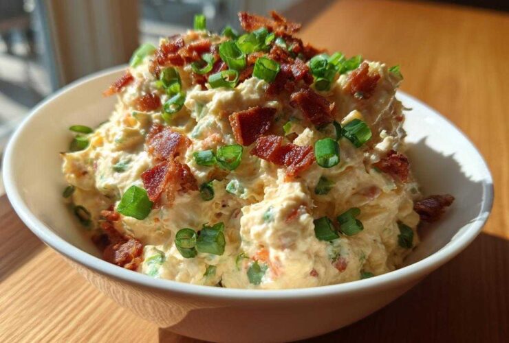 A bowl of creamy, savory million dollar dip generously topped with crumbled bacon pieces and fresh green onions.
