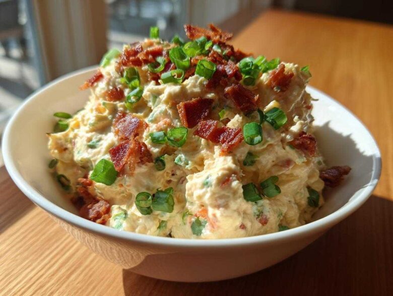 A bowl of creamy, savory million dollar dip generously topped with crumbled bacon pieces and fresh green onions.