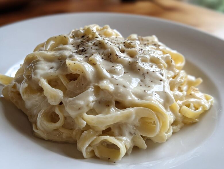 Close-up of fettuccine pasta generously coated in creamy olive garden alfredo sauce and topped with black pepper.