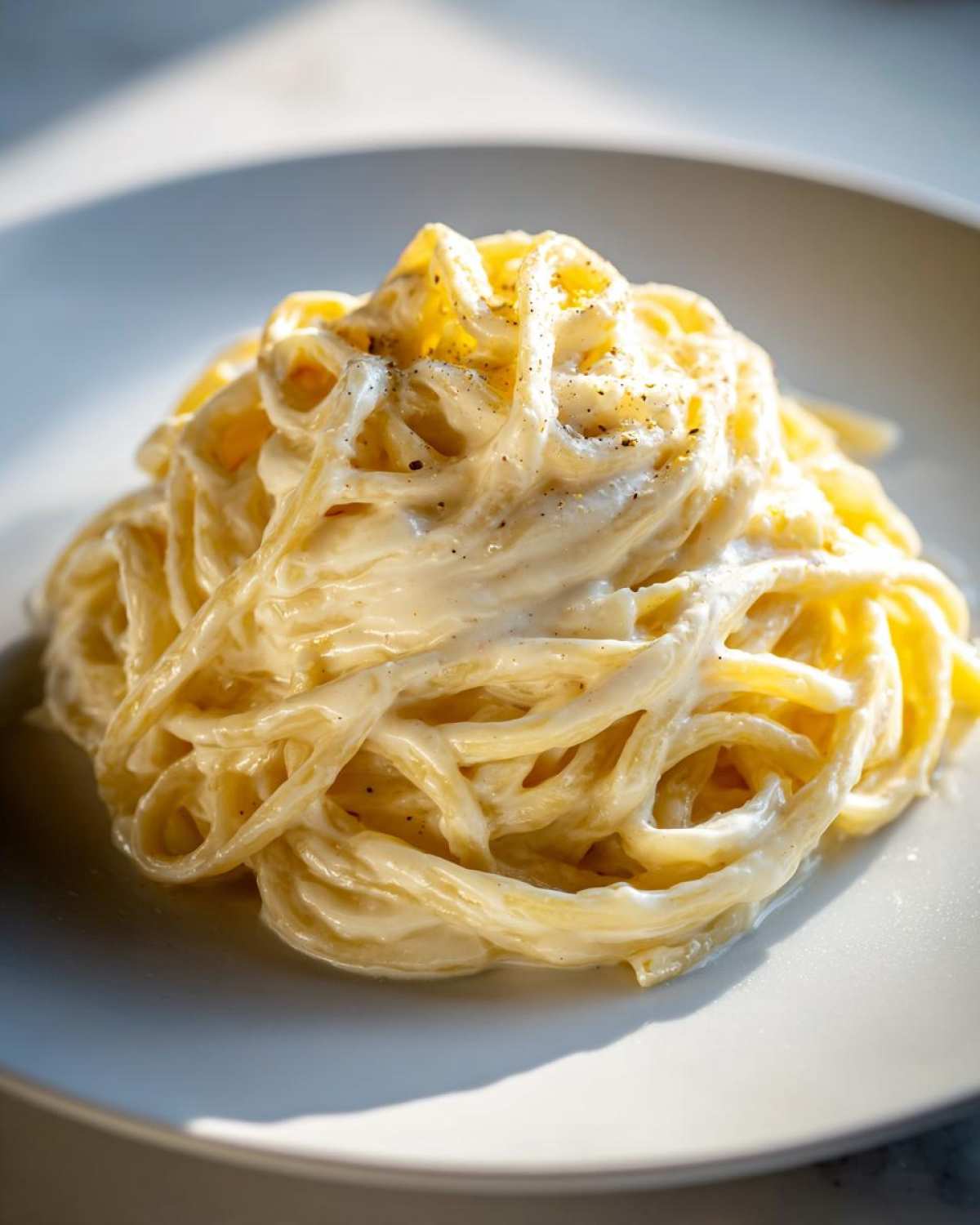 Close-up of fettuccine pasta generously coated in creamy olive garden alfredo sauce and black pepper.
