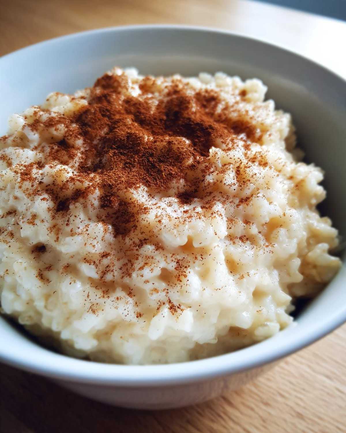 Close-up of a bowl of creamy rice pudding generously sprinkled with ground cinnamon.