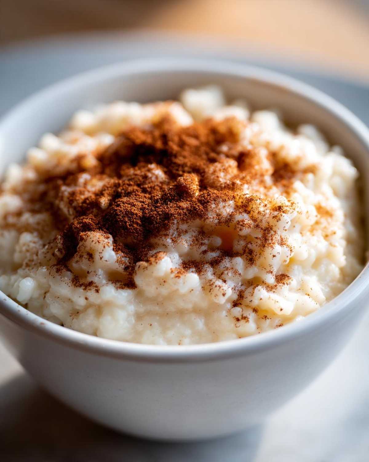 Close-up of creamy rice pudding in a white bowl, generously dusted with cinnamon powder.