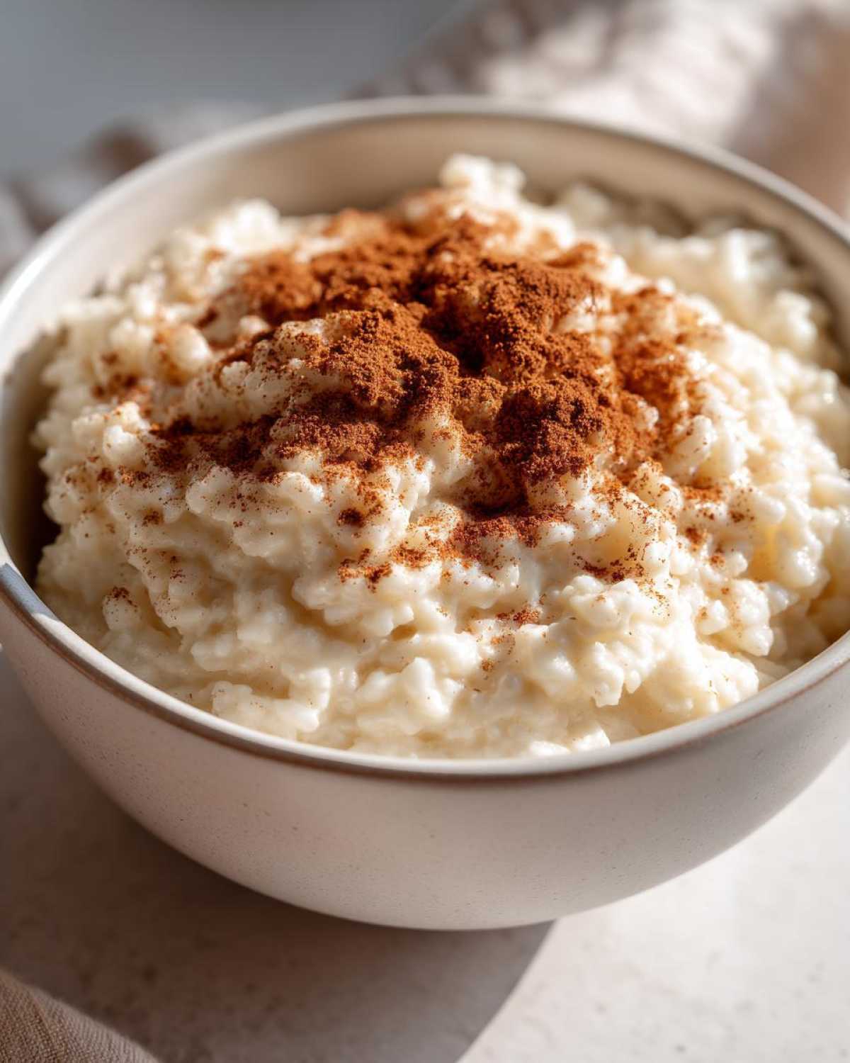 Close-up of a creamy bowl of rice pudding generously sprinkled with ground cinnamon.