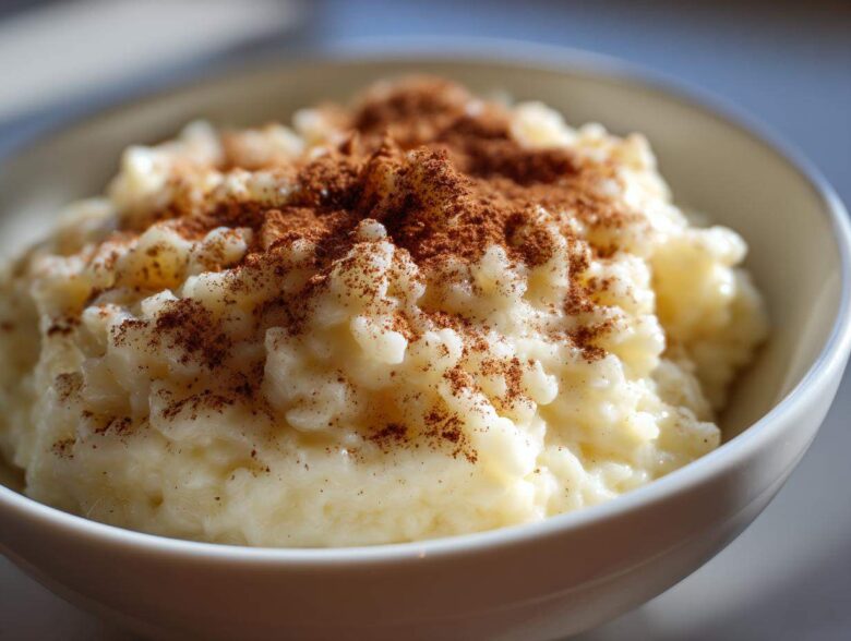 Close-up of creamy rice pudding served in a white bowl, generously topped with ground cinnamon.