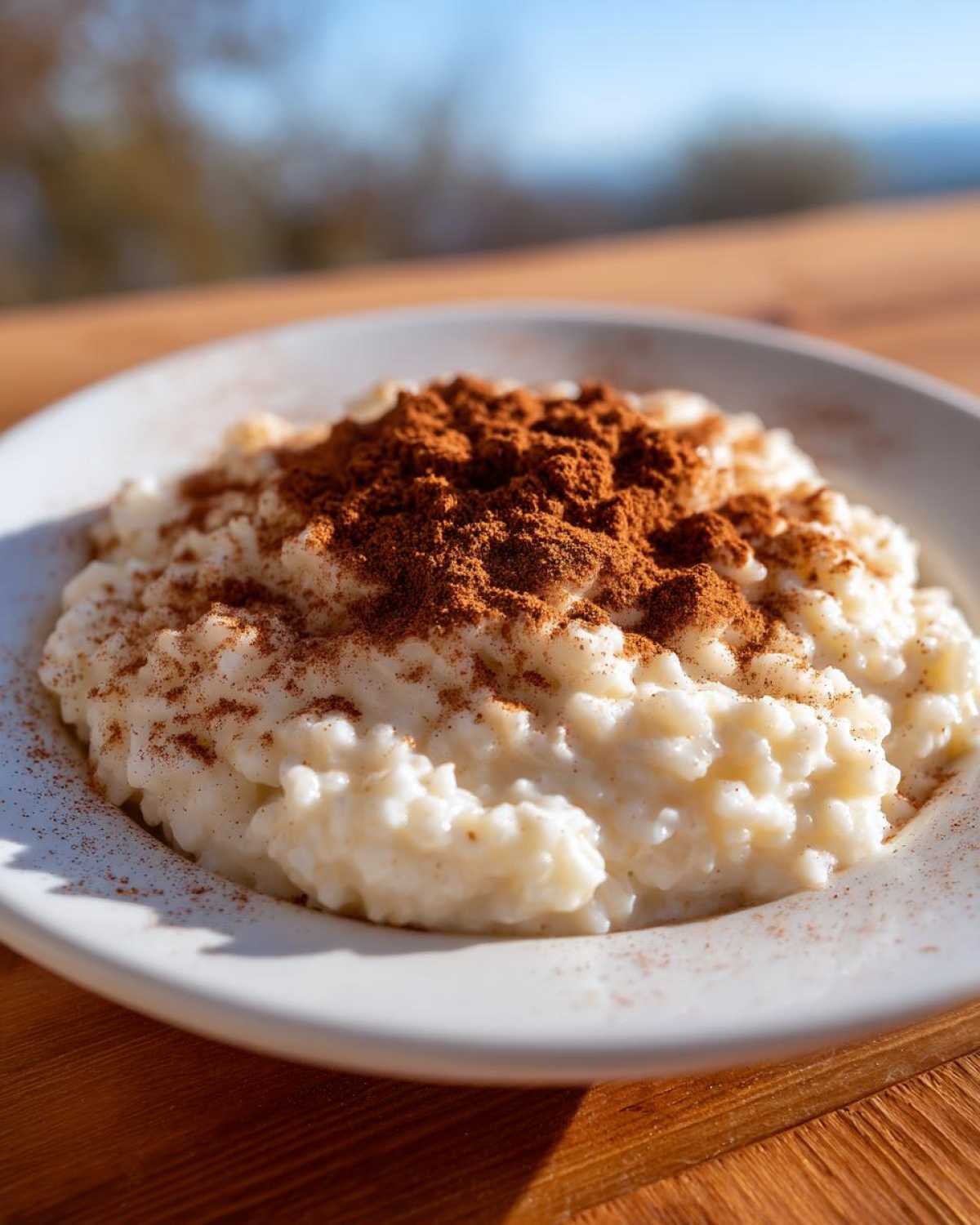 Close-up of creamy rice pudding recipe served in a white bowl, generously topped with ground cinnamon.