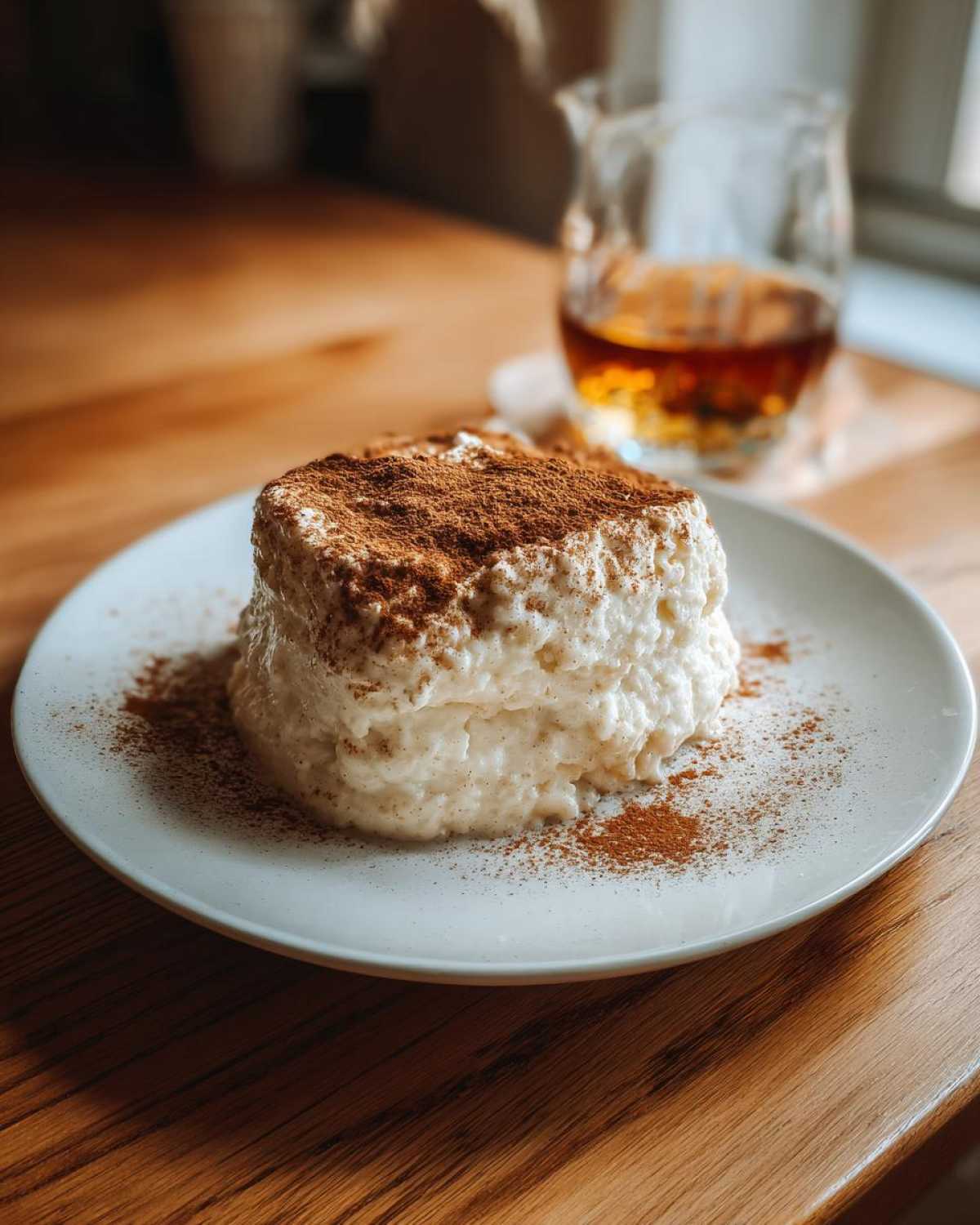 A creamy mound of rice pudding recipe topped generously with cinnamon powder on a white plate.