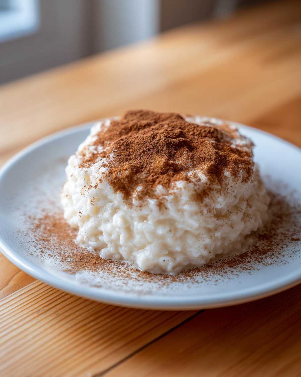 A serving of creamy rice pudding recipe mound on a white plate, generously dusted with cinnamon powder.