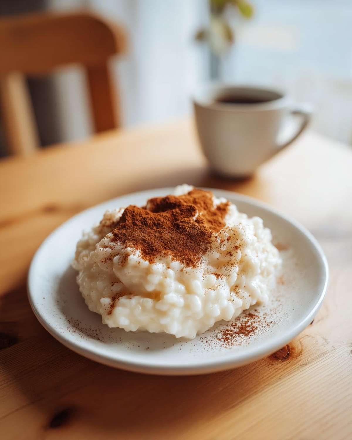 A serving of creamy rice pudding recipe generously topped with ground cinnamon on a white plate.