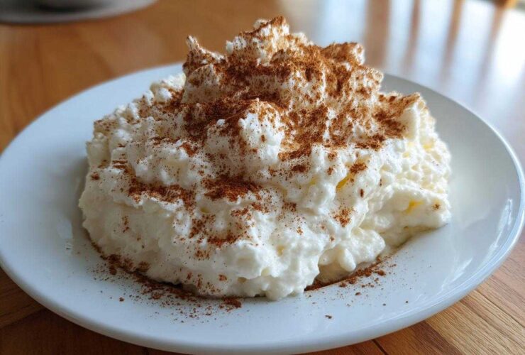 A serving of creamy rice pudding recipe piled high on a white plate and generously dusted with cinnamon.
