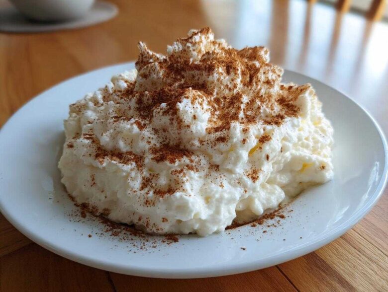 A serving of creamy rice pudding recipe piled high on a white plate and generously dusted with cinnamon.