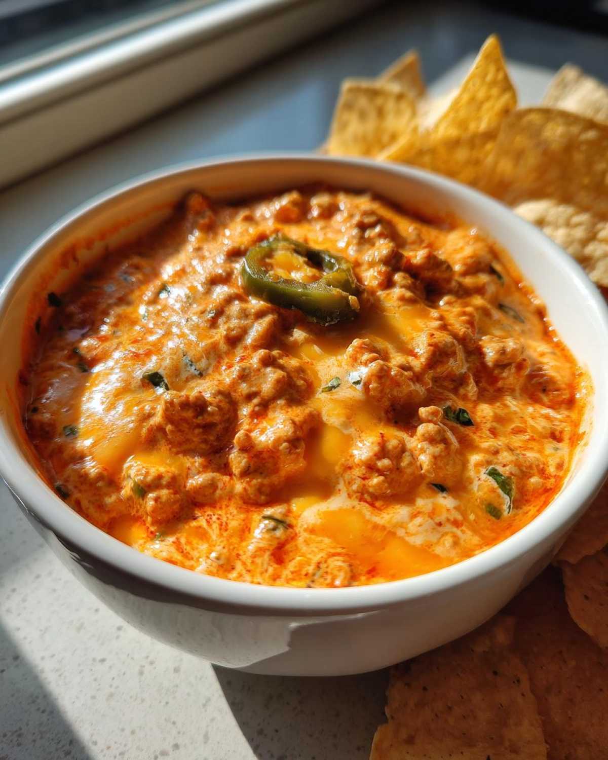 A close-up of hot, creamy rotel dip served in a white bowl, garnished with a jalapeño slice and surrounded by tortilla chips.