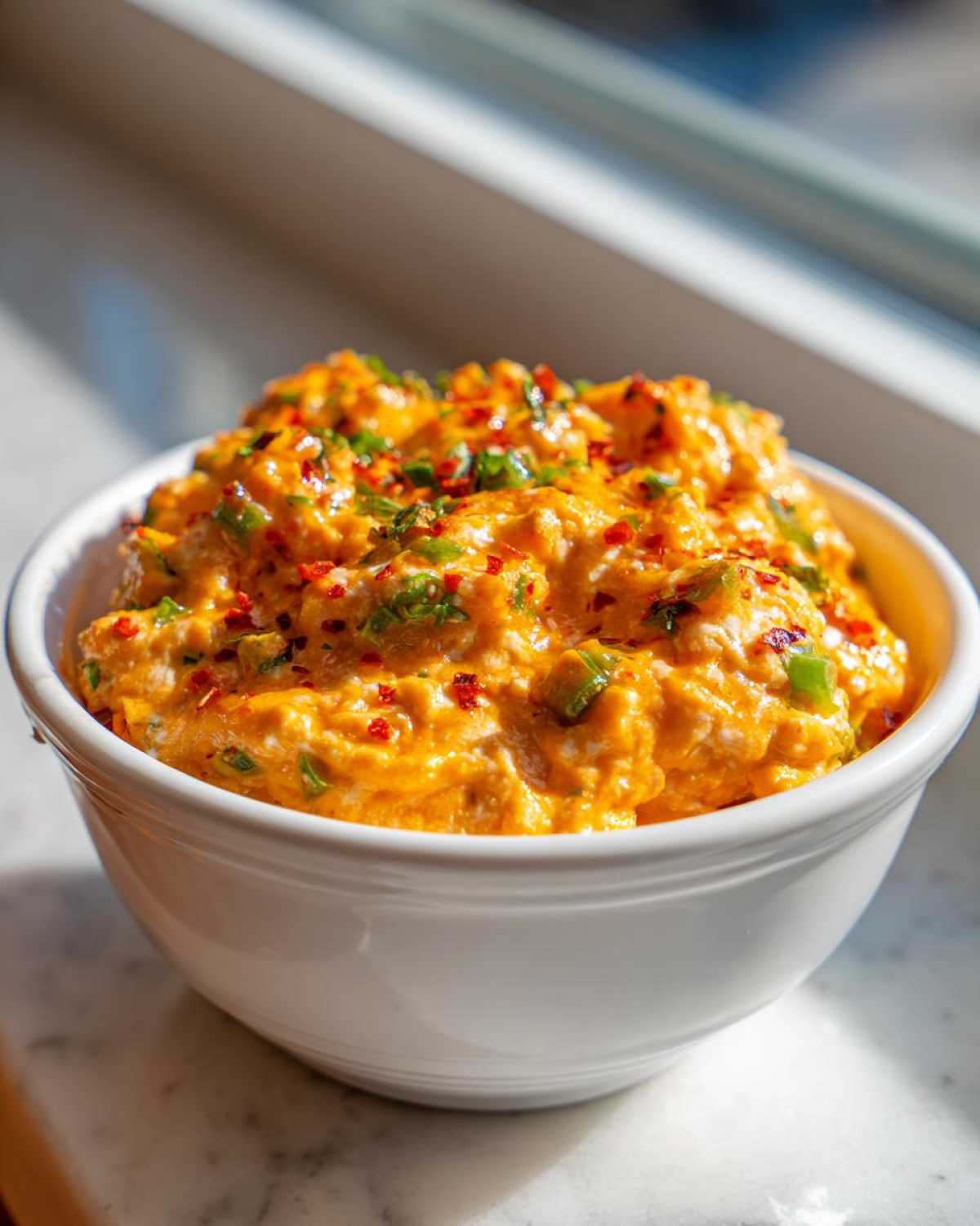 Close-up of creamy, orange Rotel dip topped with green onions and red pepper flakes in a white bowl.