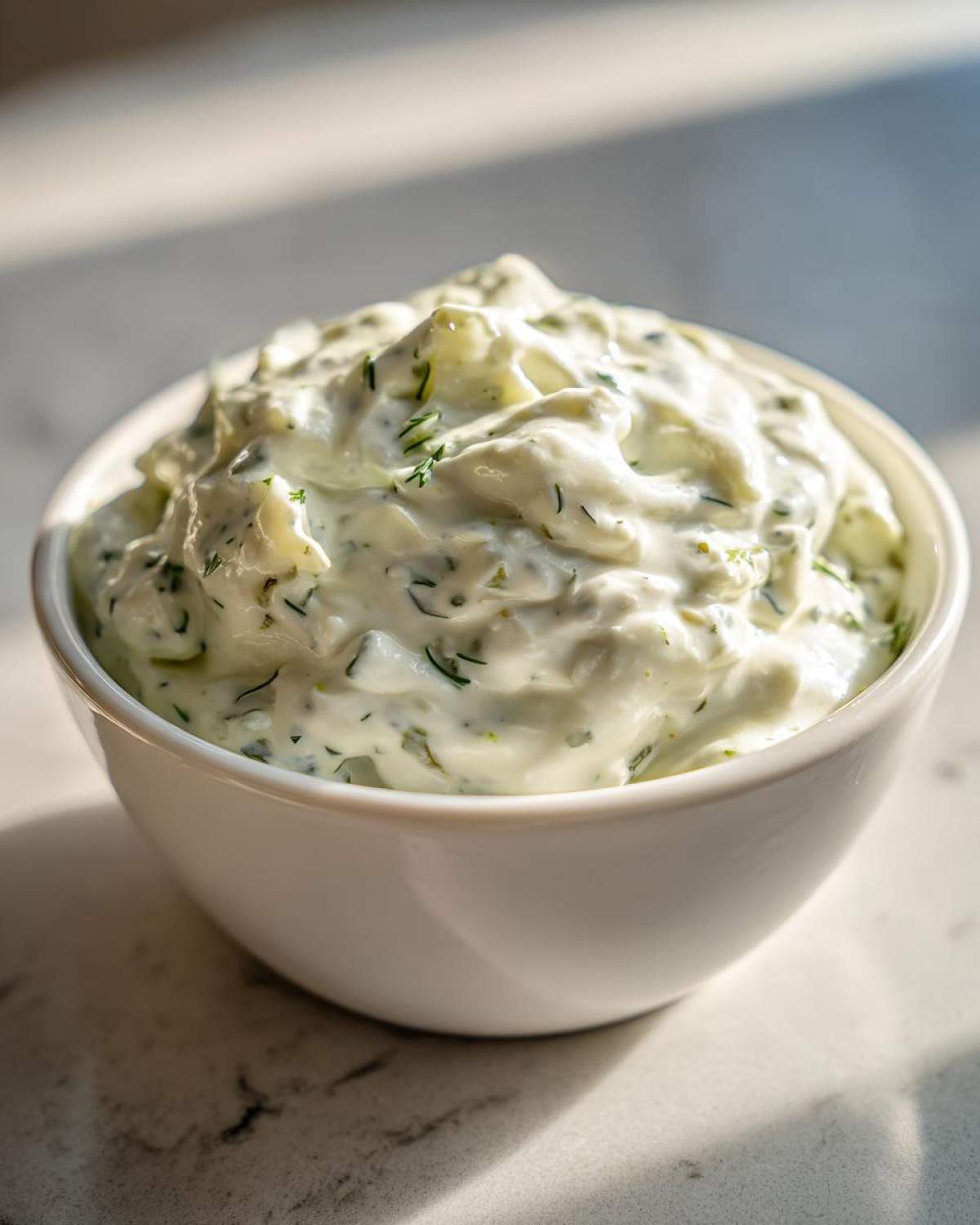 Close-up of a white bowl filled with thick, creamy homemade tartar sauce recipe, speckled with green herbs.