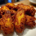 A close-up shot of several golden-brown, seasoned crispy air fryer chicken wings piled on a white plate.