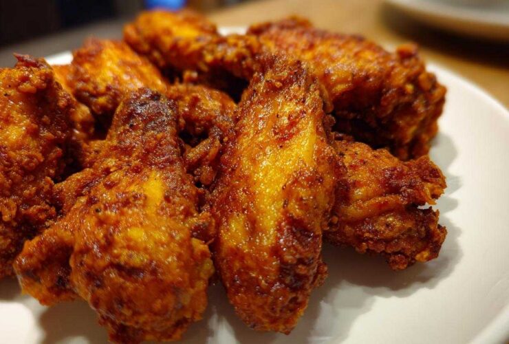 A close-up shot of several golden-brown, seasoned crispy air fryer chicken wings piled on a white plate.