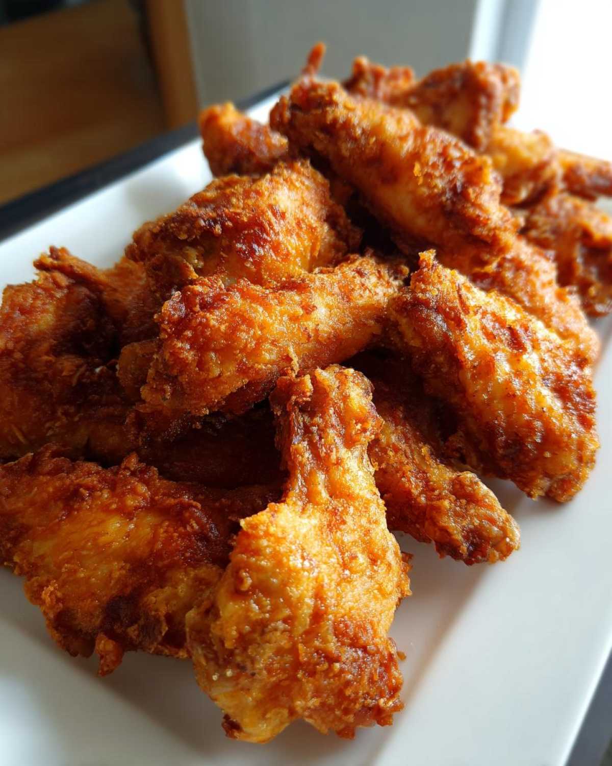 A close-up shot of a pile of golden brown, crispy air fryer chicken wings served on a white plate.