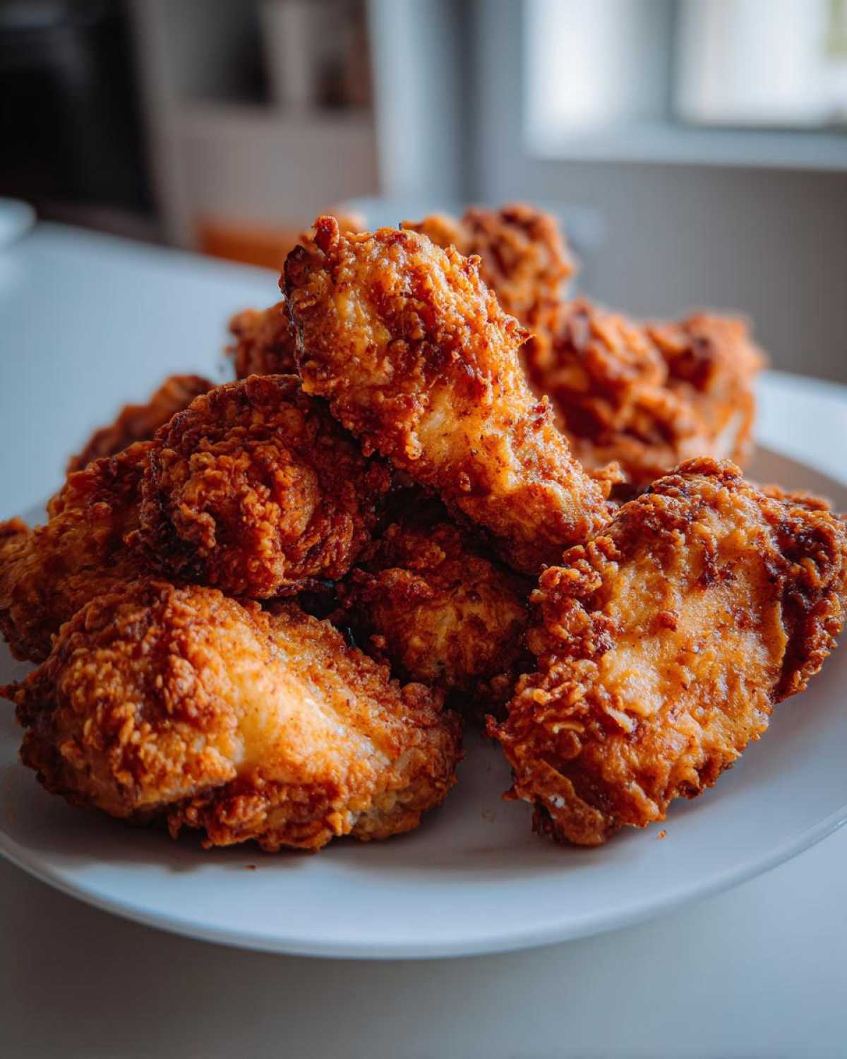 A close-up of a pile of golden brown, extra crispy air fryer chicken wings stacked high on a white plate.