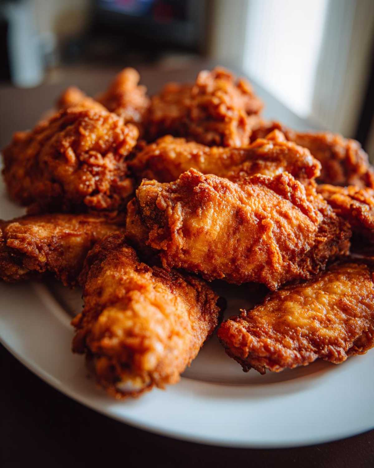 Close-up of a white plate piled high with golden brown, crispy air fryer chicken wings.