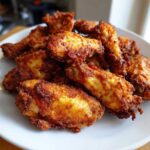 A close-up of a pile of golden-brown, crispy air fryer chicken wings served on a white plate.