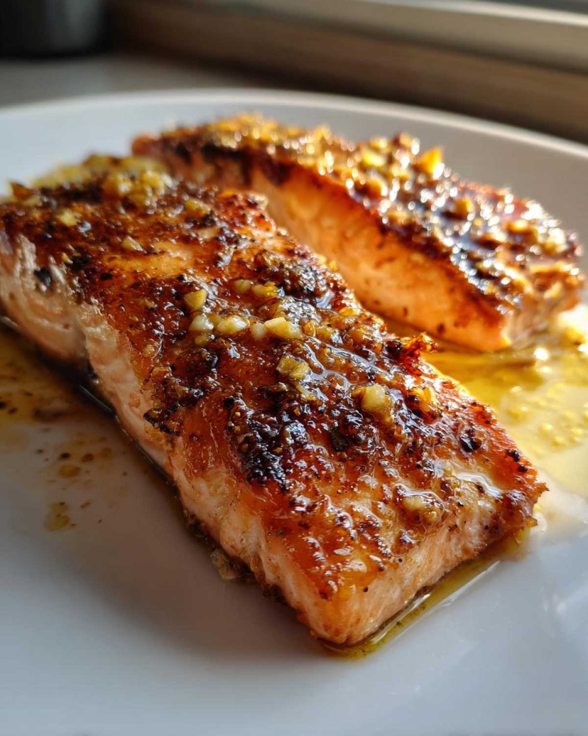 Two perfectly cooked, crispy air fryer salmon fillets topped with a golden garlic glaze on a white plate.