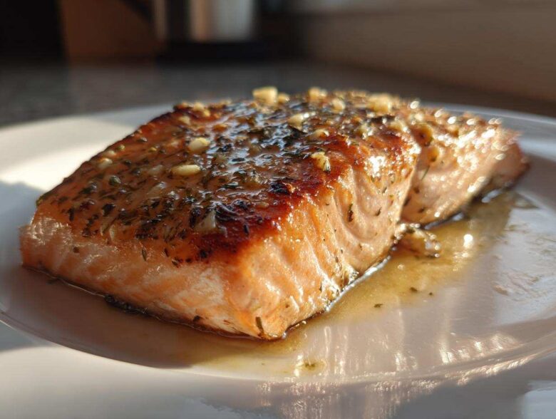 A perfectly cooked fillet of air fryer salmon, glazed with herbs and garlic, resting in its juices on a white plate.