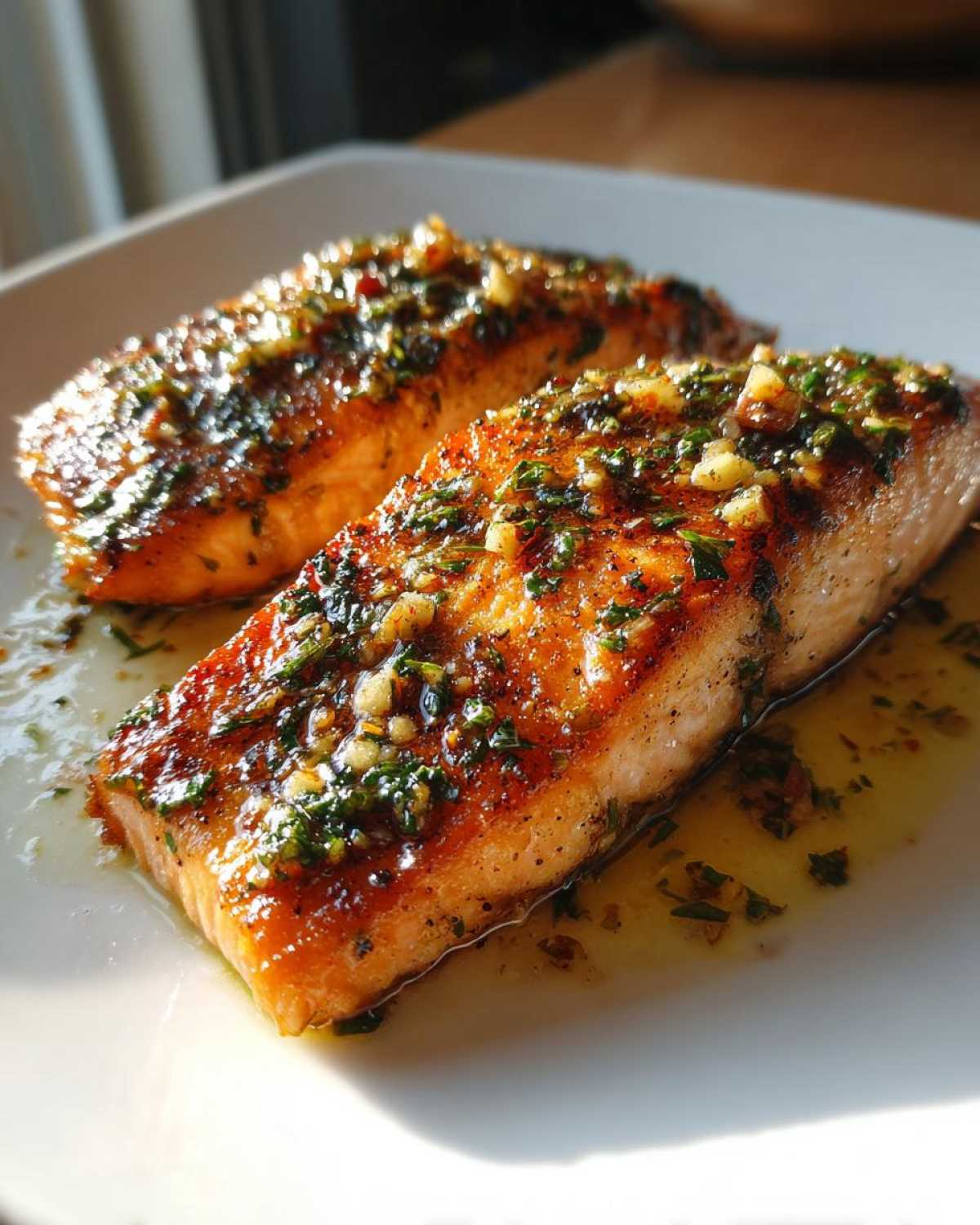 Two fillets of crispy air fryer salmon topped with a glistening garlic and herb butter sauce on a white plate.