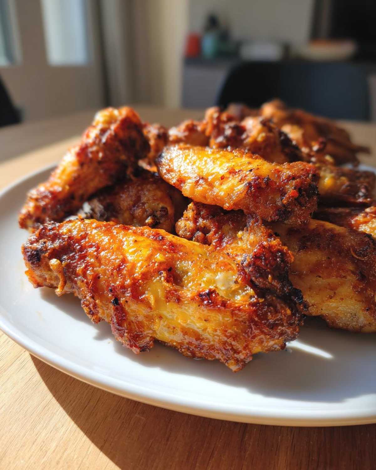 Close-up of golden brown, crispy baked chicken wings piled high on a white plate, glistening in the sunlight.
