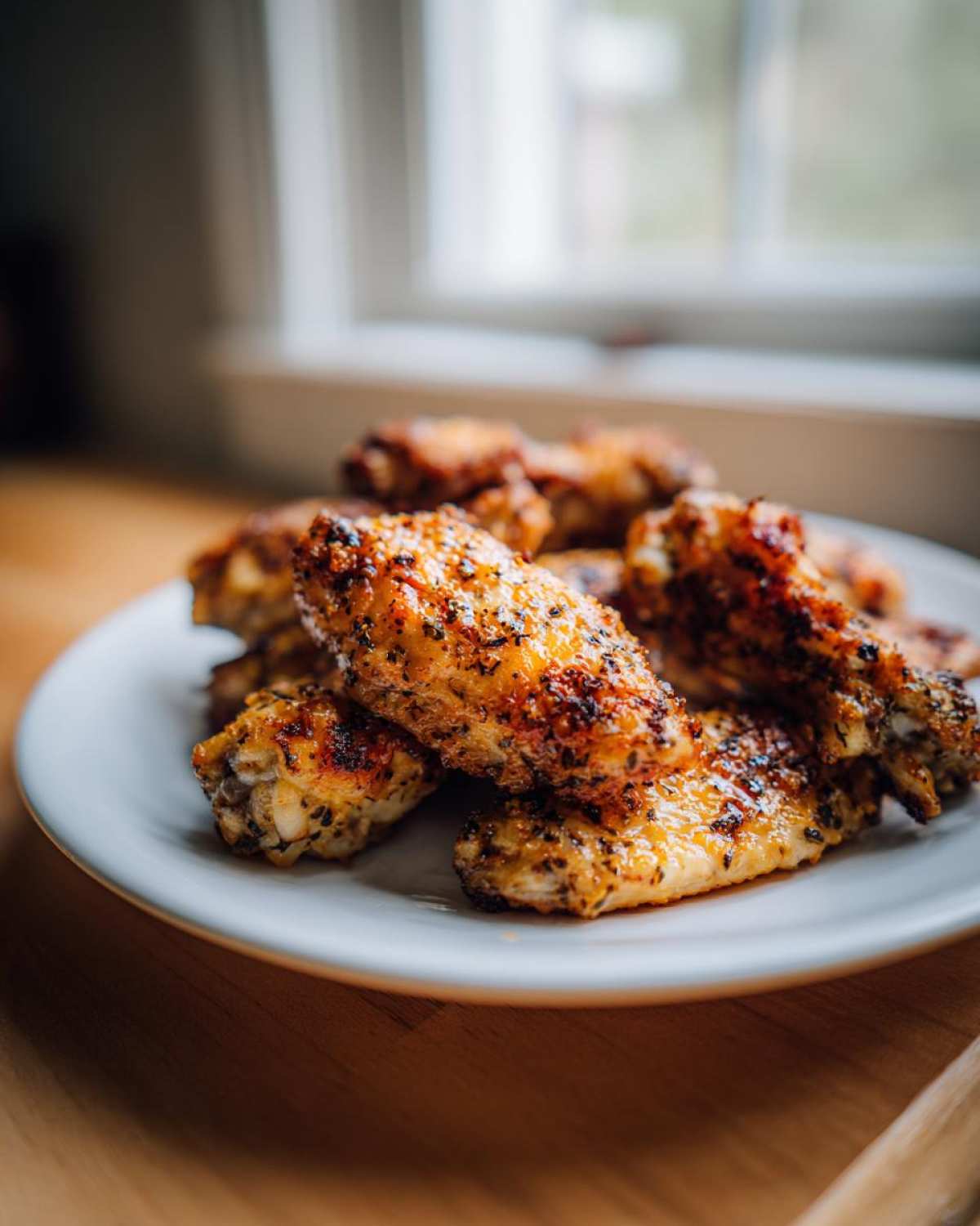 A close-up of perfectly seasoned and crispy baked chicken wings piled on a white plate.