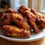 A close-up of several golden brown and very crispy baked chicken wings piled on a white plate.