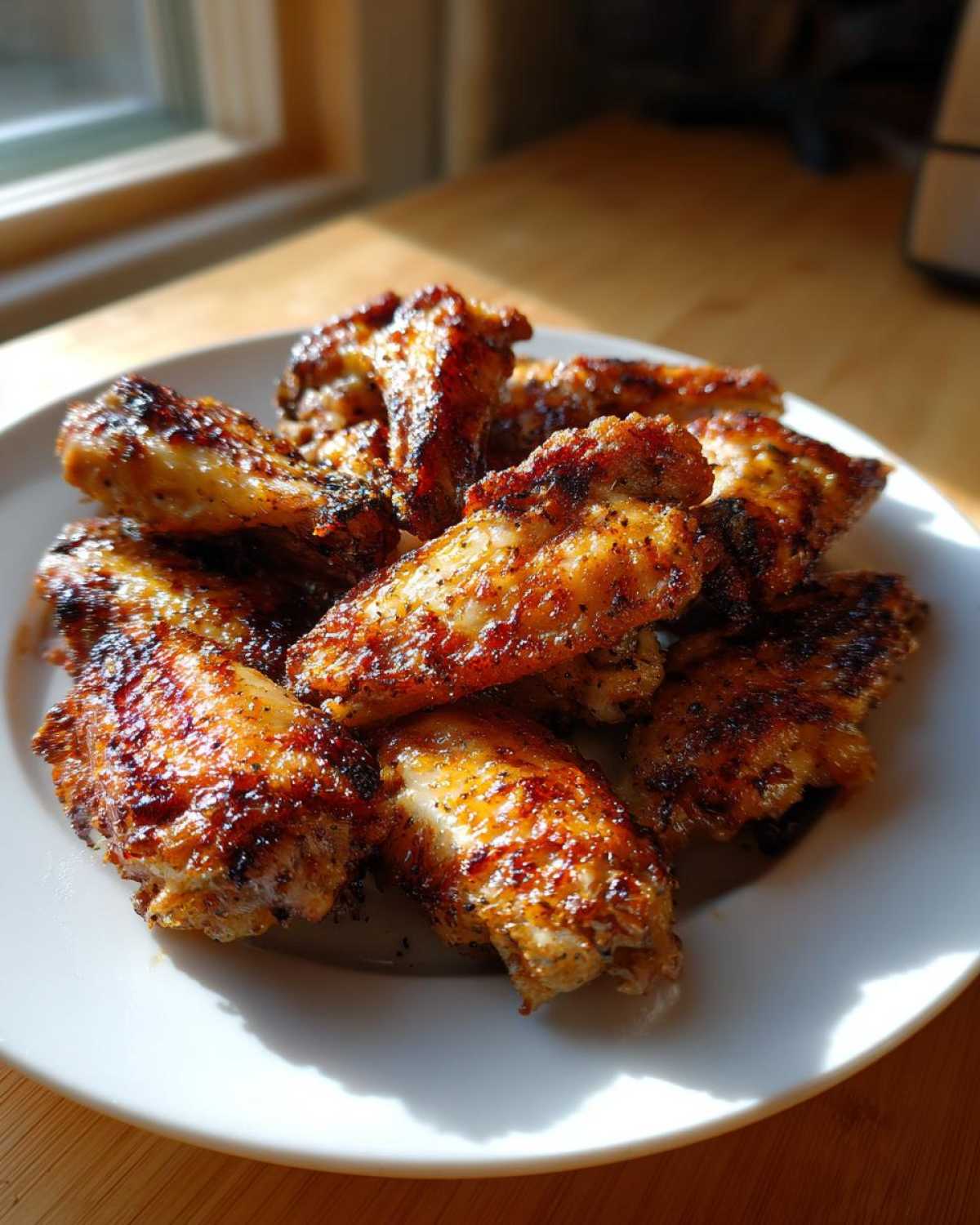 A pile of golden brown, perfectly seasoned crispy baked chicken wings resting on a white plate, illuminated by sunlight.