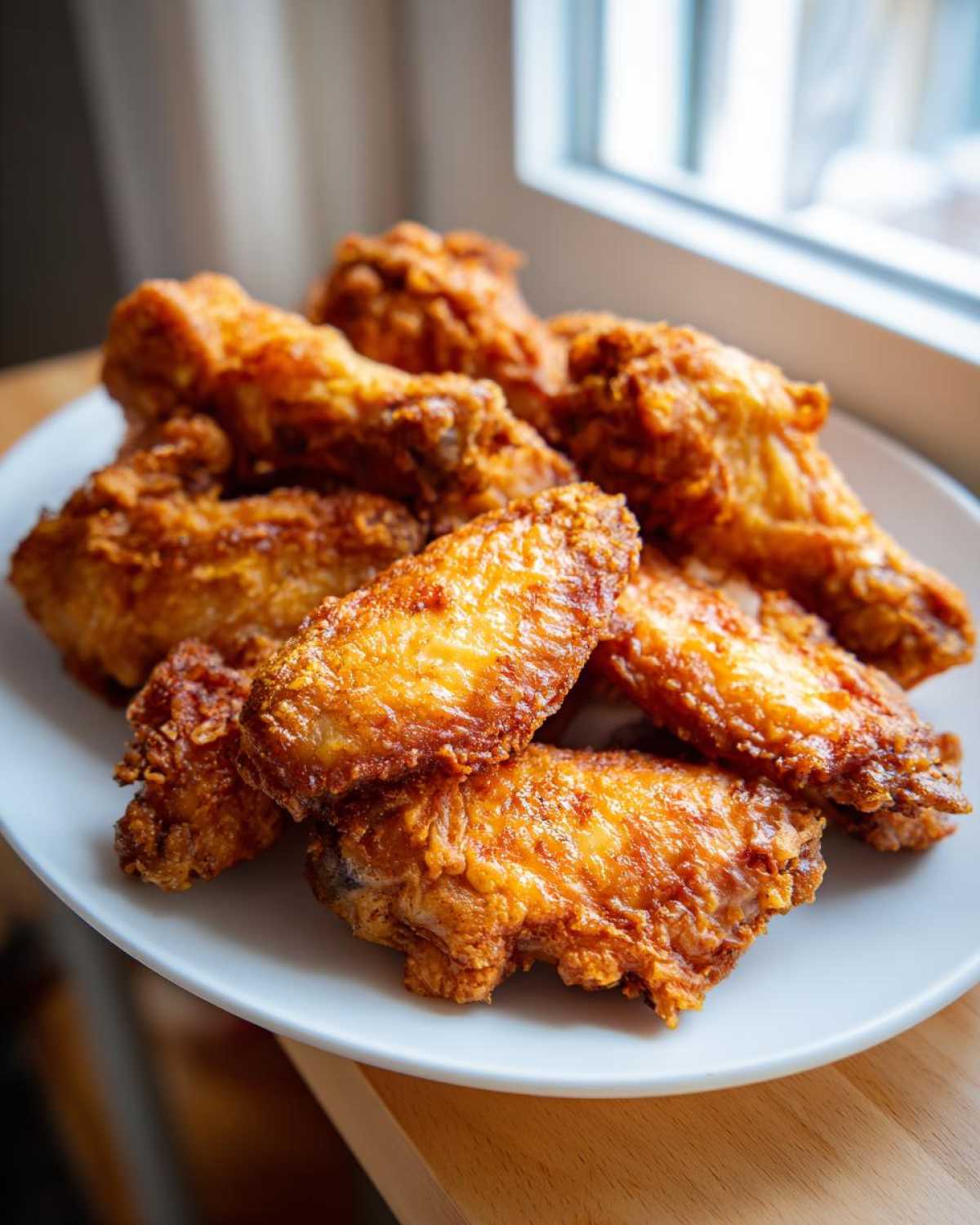 A pile of golden brown, crispy baked chicken wings served on a white plate near a window.