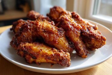 A close-up of several golden brown and very crispy baked chicken wings piled on a white plate.