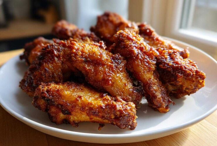 A close-up of several golden brown and very crispy baked chicken wings piled on a white plate.