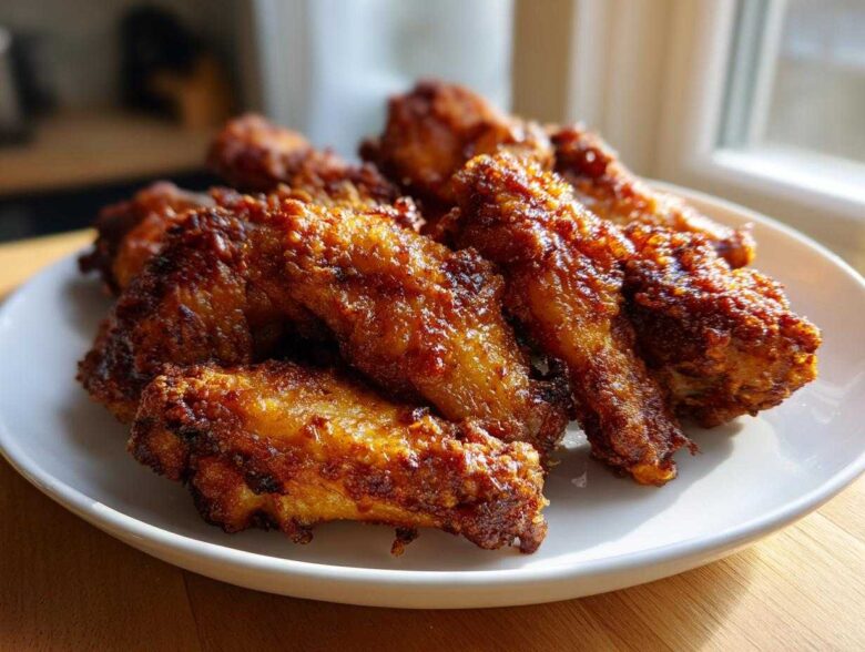 A close-up of several golden brown and very crispy baked chicken wings piled on a white plate.